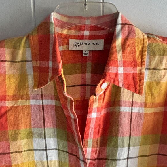 Jones New York Sport 100% Linen Fall Roll Sleeve Button Down Plaid Shirt S #C - Picture 3 of 8